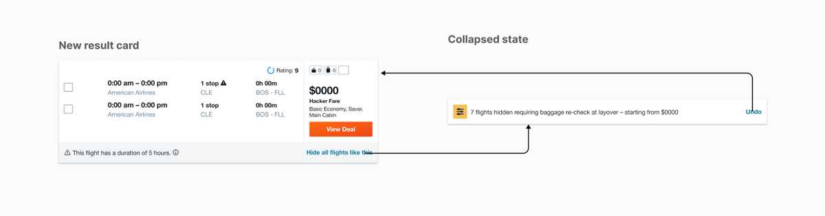 Shown vs hidden state of filtered flight cards