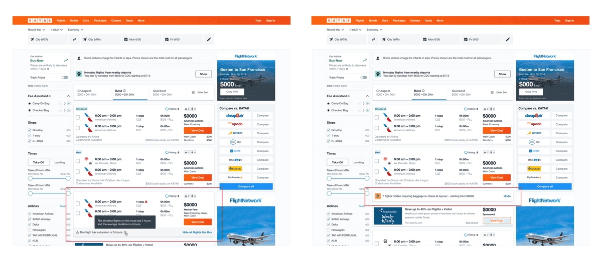 Shown vs hidden flight card in website context