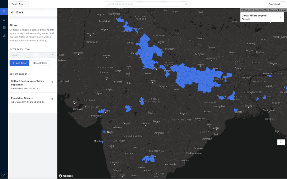 Multiple data filters applied over a region